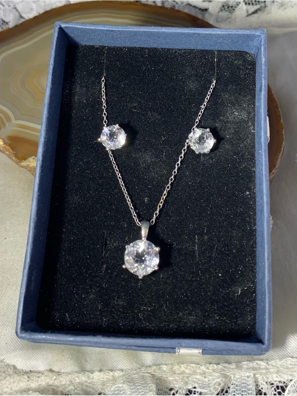 Vintage Sterling Silver Clear Crystal Pendant Necklace and Stud Earrings Set